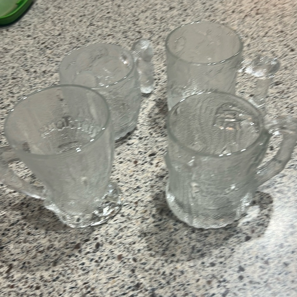 Flintstones set 4 Mammoth Mugs Clear Embossed Glass 1993 McDonald's 4.5" Vintage